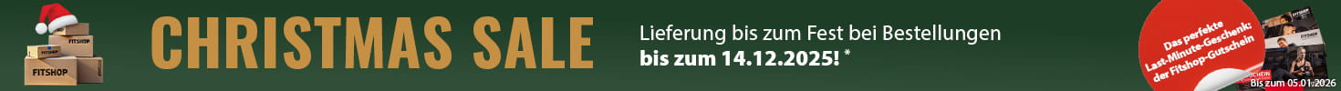Ein weihnachtlicher Werbebanner mit grünem Hintergrund und einer Lichterkette am oberen Bildrand. Auf der linken Seite liegen mehrere Pakete mit der Aufschrift „Fitshop“. Daneben sind mehrere Fitshop-Geschenkgutscheine abgebildet. In einem rot hervorgehobenen Textfeld steht „Das perfekte Last-Minute-Geschenk: der Fitshop-Gutschein“. Auf der rechten Seite steht in Großbuchstaben „Christmas Sale“ sowie der Zusatz „Lieferung bis zum Fest bei Bestellungen bis zum 16.12.2025!“.